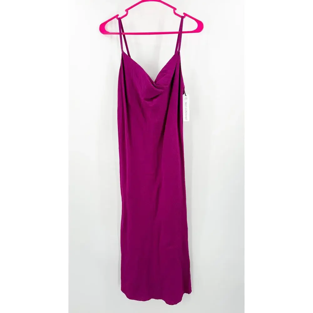 SELF CONTRAST Dress Women’s Size Medium NWT Norah Midi Slip Magenta Drape Neck